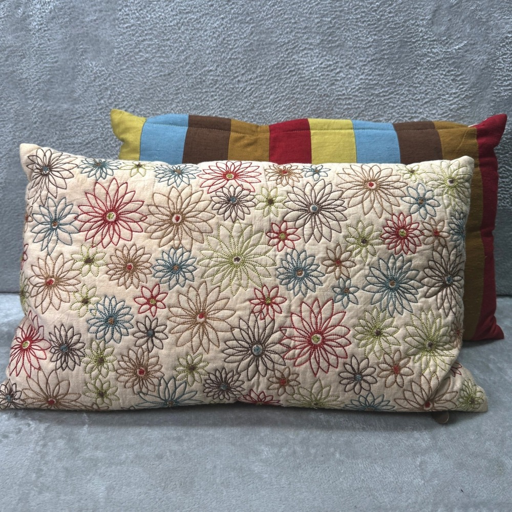 Pier 1 Embroidered Floral Lumbar Throw Pillows Set of 2 Striped Reversible Retro